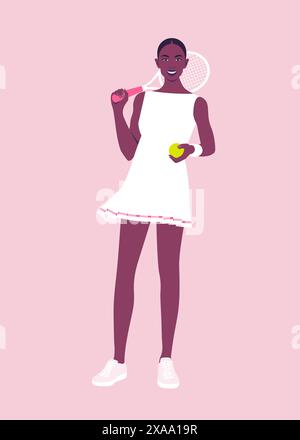 Une jeune femme africaine pose avec une raquette et une balle de tennis. Un joueur adolescent en plein corps. Mode de vie sain, fitness, sport. Illustration vectorielle plate Illustration de Vecteur