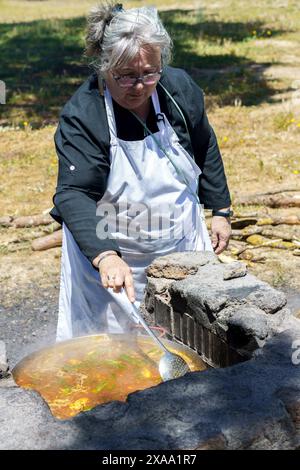 Femme cuisinier avec tablier blanc cuisinant une paella espagnole typique sur le feu dans la campagne Banque D'Images