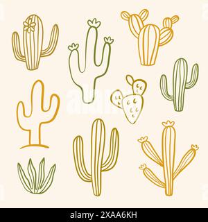 Ensemble de griffonnages de cactus dessinés à la main. Croquis de cactus mignon Illustration de Vecteur