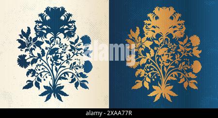 Mughal Art est une fleur traditionnelle de bouquet de silhouette d'ornements floraux. Un motif doré, bleu sur un fond isolé, élément isolé. Fantaisie Illustration de Vecteur