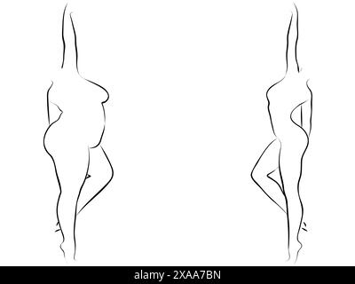 Conceptuel graisse surpoids femme vs Slim FIT corps sain après la perte de poids ou le régime avec les muscles mince jeune femme. 3D illustration de la forme physique Banque D'Images