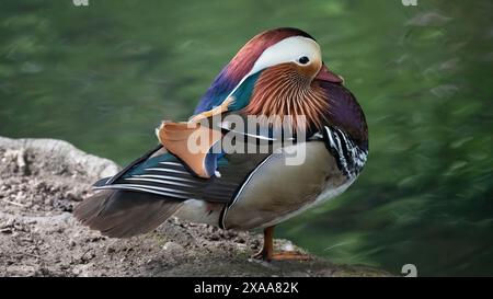 Un canard mandarin perché sur un rocher près de l'eau. Banque D'Images