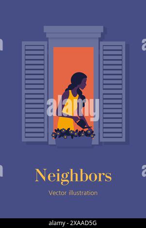 La femme africaine dans la fenêtre arrosant les fleurs. Voisinage. Une chaude soirée d'été. Carte postale. Illustration vectorielle plate Illustration de Vecteur
