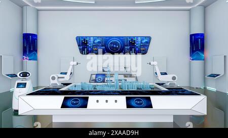 Intérieur futuriste de couloir Sci-Fi avec table hologramme, robot intelligent et écran de moniteur sur le mur, rendu 3D. Banque D'Images