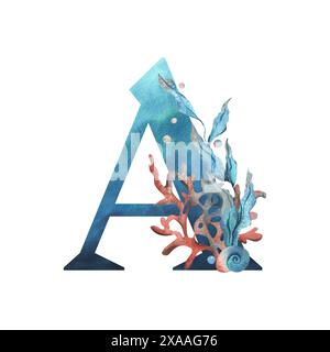 Lettre majuscule A, partie de l'alphabet latin décoré dans un thème humide avec des coraux, des coquillages, des algues, des bulles, des couleurs bleu et corail. Dessiné à la main Banque D'Images