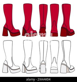 Ensemble de bottes rétro colorées pour femmes. Objets vectoriels isolés sur fond blanc. Illustration de Vecteur