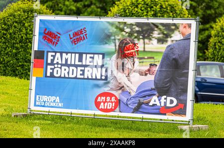 Lauchringen, Allemagne, 26 mai 2024 : une affiche de campagne électorale d'alternatives pour l'Allemagne (AFD) appelle à soutenir les familles. C'était de la spraye Banque D'Images