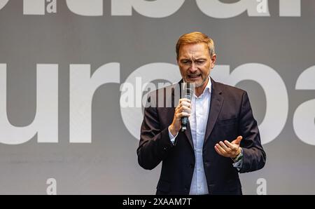 Stuttgart, Allemagne, 3 juin 2024 : Christian Lindner, ministre fédéral des Finances et président du Parti démocratique libre d'Allemagne (FDP) pendant la sienne Banque D'Images