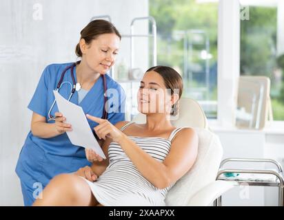 Femme médecin donner aux patients les documents médicaux pour examen avant d'effectuer la procédure cosmétique Banque D'Images