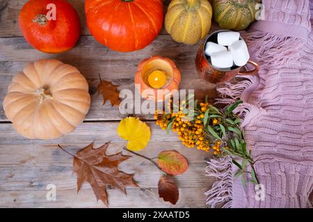 Récolte d'automne, table avec citrouilles, feuilles jaunes, bougie Jack-o'-lanterne, décorations d'automne pour Halloween, pour le dîner de Thanksgiving Banque D'Images