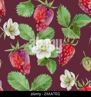 fraises mûres avec des fleurs et du feuillage, motif sans couture sur un fond sombre, à l'aquarelle Banque D'Images