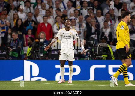 Vinicius Junior (Real Madrid) lors de la finale de l'UEFA Champions League entre le Borussia Dortmund et le Real Madrid au stade de Wembley à Londres le samedi 1er juin 2024. (Photo : Pat Isaacs | mi News) crédit : MI News & Sport /Alamy Live News Banque D'Images