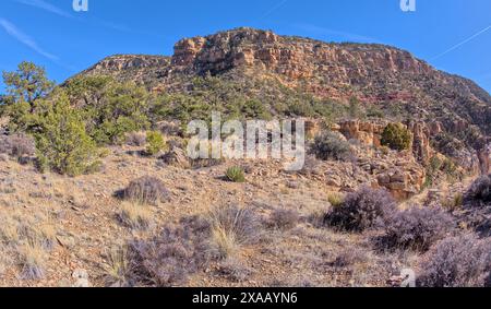 Retour sur les falaises de Hermits Rest, le Hermit Trailhead commence sur la ligne de falaise en haut à gauche, Grand Canyon, Arizona, USA Banque D'Images