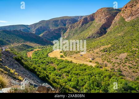 Vue de paysage montagneux verdoyant entre Zoar et Calitzdorp, Afrique du Sud, Afrique Banque D'Images