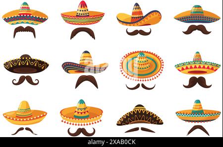 Chapeaux sombrero mexicains et moustache. Sombreros traditionnels avec des motifs ethniques, ensemble vectoriel de dessins animés de masques de style Mexique Illustration de Vecteur