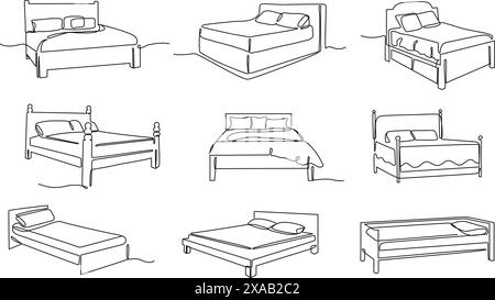 Lit à une ligne. Meubles de chambre confortables, lits simples, doubles et king size d'art minimaliste avec ensemble d'illustration vectorielle d'oreillers. Illustration de Vecteur