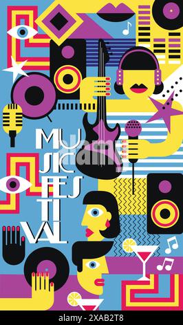 Affiche de festival de musique géométrique abstraite. Instruments de musique, cocktails de fête et illustration vectorielle pop art de chanteur. Illustration de Vecteur
