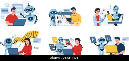 Assistant de travail IA. Bots aide les gens avec la programmation, l'analyse de données, la recherche scientifique, l'écriture créative, l'art génératif et l'apprentissage des langues Illustration de Vecteur