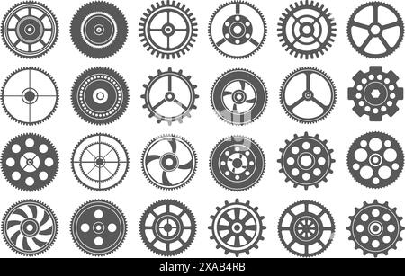 Engrenages plats. Roues dentées mécaniques, icônes d'engrenage de machine de pochoir pour les projets de diagrammes à thème technique ou d'ingénierie et ensemble de vecteurs de conception industrielle. Illustration de Vecteur