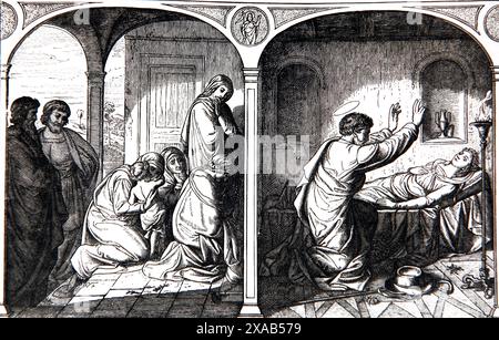 Gravure sur bois de Saint Pierre élevant Tabitha d'entre les morts (actes) de la Bible de la famille illustrée antique du XIXe siècle Banque D'Images