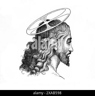 Gravure sur bois de la tête de Jésus-Christ avec halo du tirage miraculeux de poissons par Raffaelle dans Bib de famille illustré antique du 19ème siècle Banque D'Images