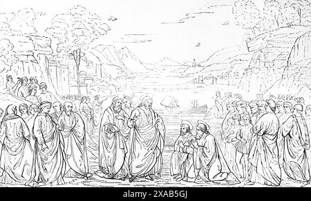 Gravure sur bois de l'appel de Simon (Pierre) et Andrew - Ghirlandajo de l'ancienne Bible de famille illustrée du XIXe siècle Banque D'Images