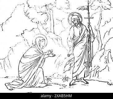 Gravure sur bois de Jésus-Christ apparaissant à Marie-Madeleine après sa Résurrection (Matthieu) par Duccio dans la Bible de la famille illustrée antique du XIXe siècle Banque D'Images