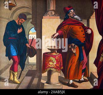 Gravure sur bois du Pharisien et du Publicain - le Pharisien a prié à quel point il était bon, mais le Publicain a prié Dieu pour la miséricorde à partir d'une peinture de Sch Banque D'Images