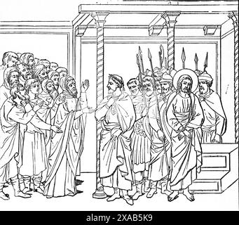 Gravure sur bois de Jésus-Christ apportée devant Ponce Pilate à partir d'une peinture de Duccio dans la Bible de la famille illustrée antique du XIXe siècle Banque D'Images
