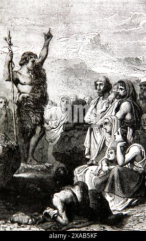 Gravure sur bois de Jean-Baptiste prêchant à la nature sauvage de l'ancienne Bible de la famille illustrée du XIXe siècle Banque D'Images