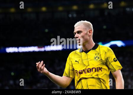 Londres, Royaume-Uni. 1er juin 2024. Julian Ryerson du Borussia Dortmund fait un geste lors de la finale de la Ligue des Champions de l'UEFA entre le Borussia Dortmund et le Real Madrid CF. Crédit : Nicolò Campo/Alamy Live News Banque D'Images