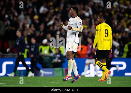 Londres, Royaume-Uni. 1er juin 2024. Jude Bellingham du Real Madrid CF célèbre la chute de Sebastien Haller du Borussia Dortmund après un but marqué par Vinicius Junior (non représenté sur la photo) du Real Madrid CF lors de la finale de la Ligue des Champions de l'UEFA entre le Borussia Dortmund et le Real Madrid CF. Crédit : Nicolò Campo/Alamy Live News Banque D'Images