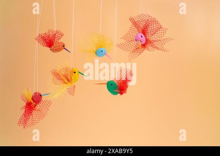 Tutoriel de colibri artisanal d'été, facile pour les enfants, bricolage, fabriqué à partir d'arachides et de filets végétariens, concept de recyclage Banque D'Images