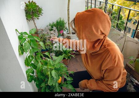 Une femme dans un sweat à capuche orange s'occupe de ses plantes sur un balcon. Elle est heureuse de fixer ses plantes profiter de l'après-midi. Banque D'Images