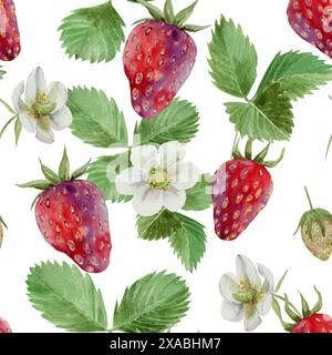 fraises mûres avec des fleurs et du feuillage, motif sans couture, dessiné à l'aquarelle pour la conception de Banque D'Images