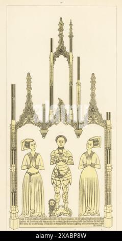 Sir Miles Stapleton, haut shérif de Norfolk, et ses deux épouses, Elizabeth Felbrigge et Katherine de la Pole, 1466. Chevalier en armure de plaque, ses femmes en wimples et robes. Cuivres commémoratifs dans le choeur de l'église Holy Trinity, Ingham, Norfolk. Gravure sur cuivre teintée dessinée, gravée et publiée par John Sell Cotman dans gravures of the Most remarquable of the Sepulchral Brasses in Norfolk, Henry Bohn, Londres, 1818. Banque D'Images