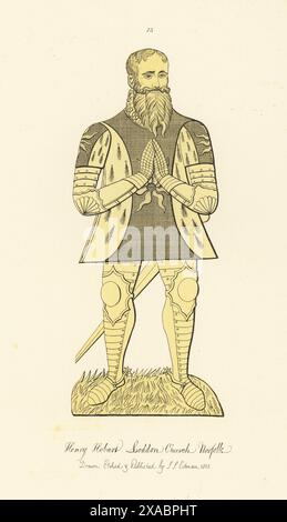 Henry Hobart, seigneur de Hales Hall, Loddon, 1562. En barbe, armorial tabard, et armure de plaque avec curieux plaques rivetées se chevauchant. Cuivres commémoratifs à l'église Holy Trinity, Loddon, Norfolk. Gravure sur cuivre teintée dessinée, gravée et publiée par John Sell Cotman dans gravures of the Most remarquable of the Sepulchral Brasses in Norfolk, Henry Bohn, Londres, 1818. Banque D'Images