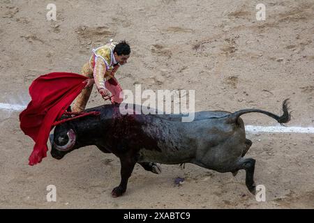 Madrid, Espagne. 05 juin 2024. Le torero espagnol Paco Urena se produit avec un taureau dans les arènes de Las Ventas pendant le tirage de presse. Cet après-midi, présidé par le roi Felipe VI, la Corrida de la Prensa de 2024 s'est tenue dans les arènes de Las Ventas à Madrid. Crédit : SOPA images Limited/Alamy Live News Banque D'Images