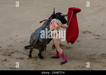 Madrid, Espagne. 05 juin 2024. Le torero espagnol Paco Urena se produit avec un taureau dans les arènes de Las Ventas pendant le tirage de presse. Cet après-midi, présidé par le roi Felipe VI, la Corrida de la Prensa de 2024 s'est tenue dans les arènes de Las Ventas à Madrid. Crédit : SOPA images Limited/Alamy Live News Banque D'Images