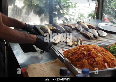 Cuisson et rôtissage du poisson sur barbecue. Banque D'Images