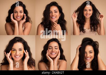 Jeune femme avec de longs cheveux foncés sourit et touche le visage Banque D'Images