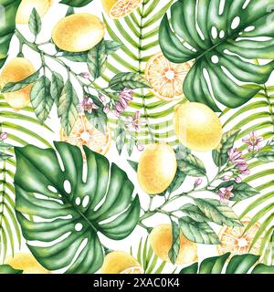 Motif aquarelle de feuilles tropicales de citron. Motif citron. Motif tropical. Motif de floraison pour textiles, tissus, imprimés, vêtements, papier peint Banque D'Images