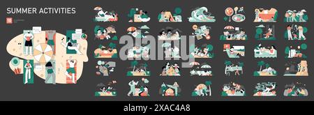 Ensemble d'activités estivales. Une collection de scènes représentant diverses activités de plein air et de loisirs pendant l'été. Vacances, détente et loisirs. Illustration vectorielle. Illustration de Vecteur