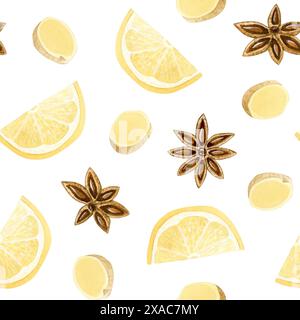 Citrons, épice à l'anis étoilé et tranches de gingembre motif sans couture d'aquarelle sur fond blanc. Coupez les agrumes ronds Banque D'Images