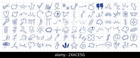 Ensemble d'effets d'émotion d'anime sur feuille à damier. Manga collection de flèches, d'étincelles, de signes d'expression. Illustration vectorielle. Illustration de Vecteur