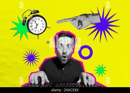 Composite tendance illustration croquis photo collage de photo de fond jaune jeune homme type clavier main montrer horloge doigt date limite tictac Banque D'Images