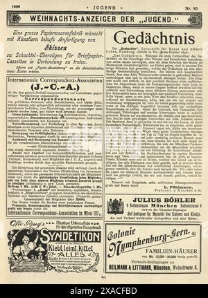 Page de vieilles annonces de journaux allemands, années 1890, 19ème siècle, Banque D'Images