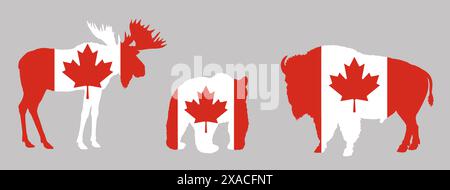 Silhouette d'ours, de bison et d'orignal aux couleurs du drapeau du Canada. Illustration animale dans les couleurs nationales. Banque D'Images