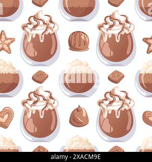 Verres de café et cacao, chocolats. Illustration de nourriture vectorielle dans un style réaliste. Modèle sans couture pour menu, café, papier d'emballage, tissu ou dos Illustration de Vecteur