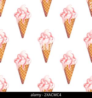 Crème glacée crémeuse à la vanille dans un cornet de gaufre avec garniture de baies ou de fruits. Motif sans couture. Dessert froid d'été. Délicieux bonbons, illustr alimentaire réaliste Illustration de Vecteur